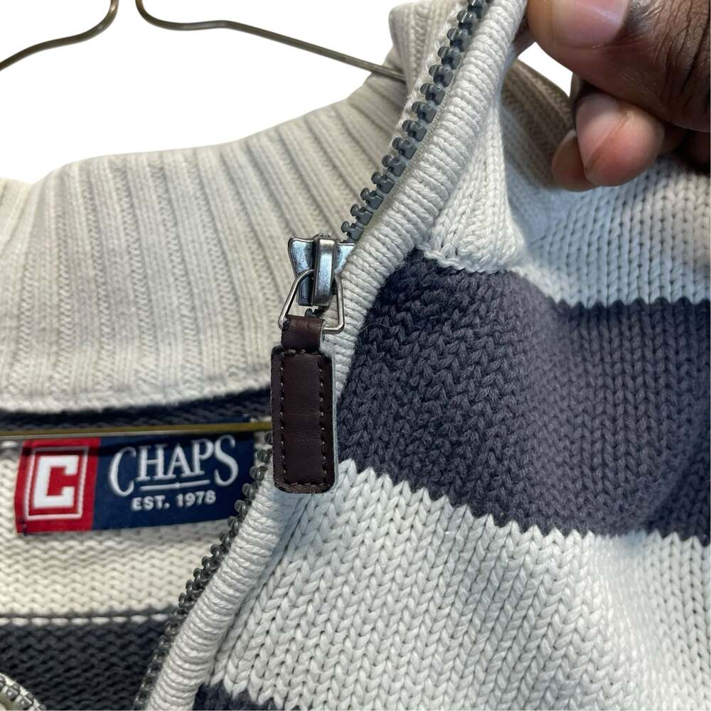 Chaps Quarter Zip Sweater Men’s Large Cream Gray Striped 100% Cotton Pullover - Picture 2 of 10